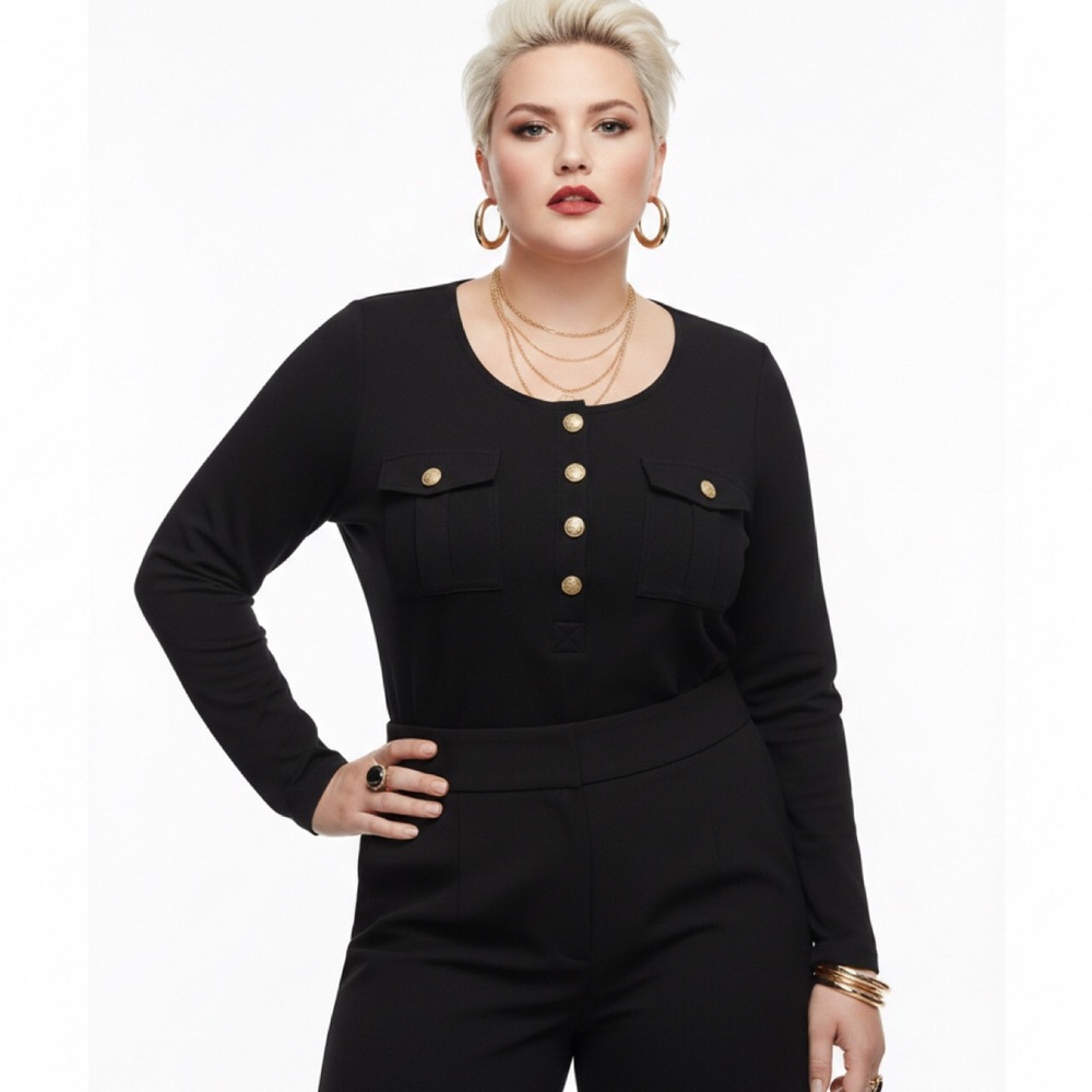 SALE 🔥 PLUS 1X Black & Gold Buttons Military Long Sleeve Stretch Luxe Glam Top